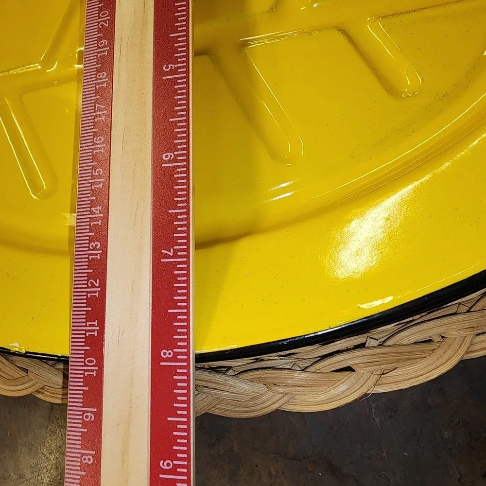 Set of 6 Vintage Yellow Enamel Sizzler Plates w/ Wicker Bases – Mid-Century